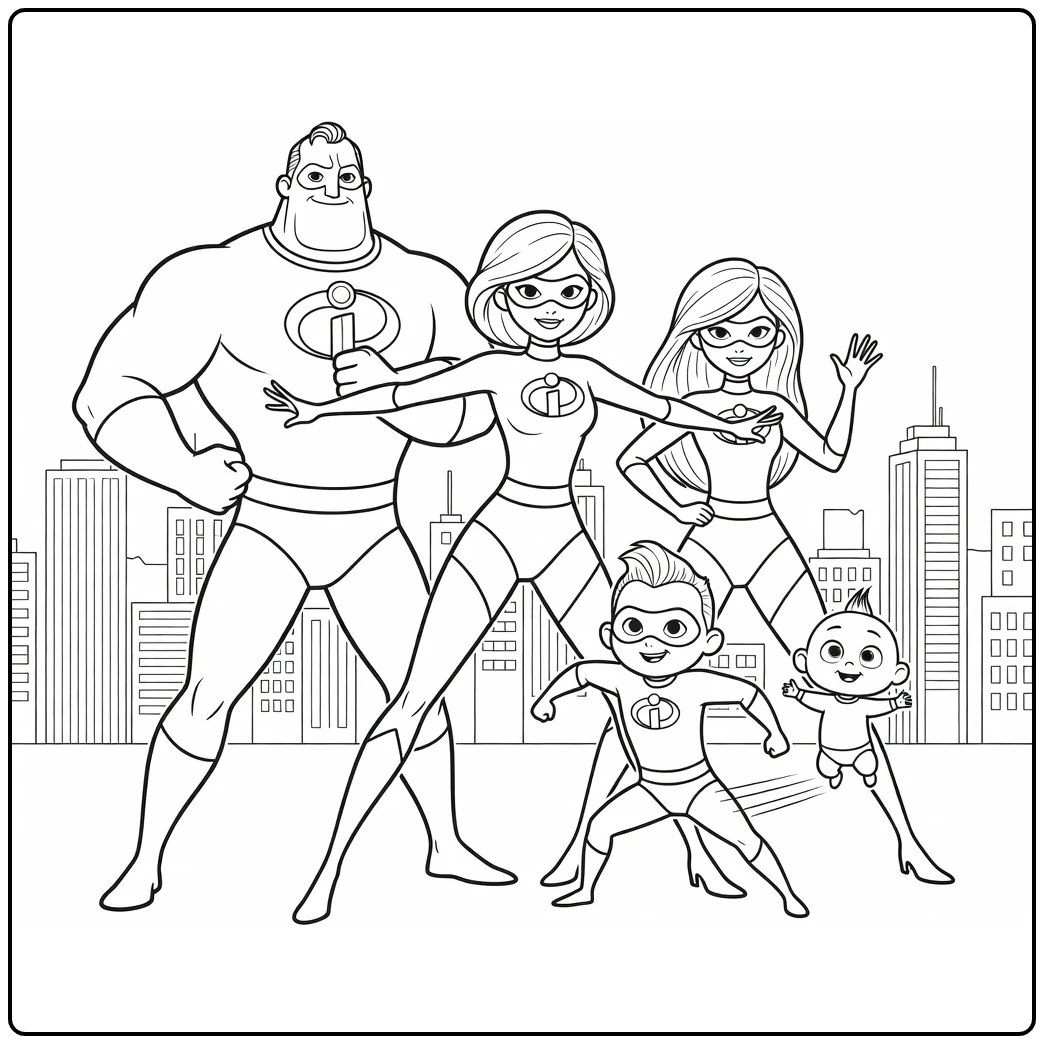 Incredibles 2 Kleurplaat met heldhaftige familie pose