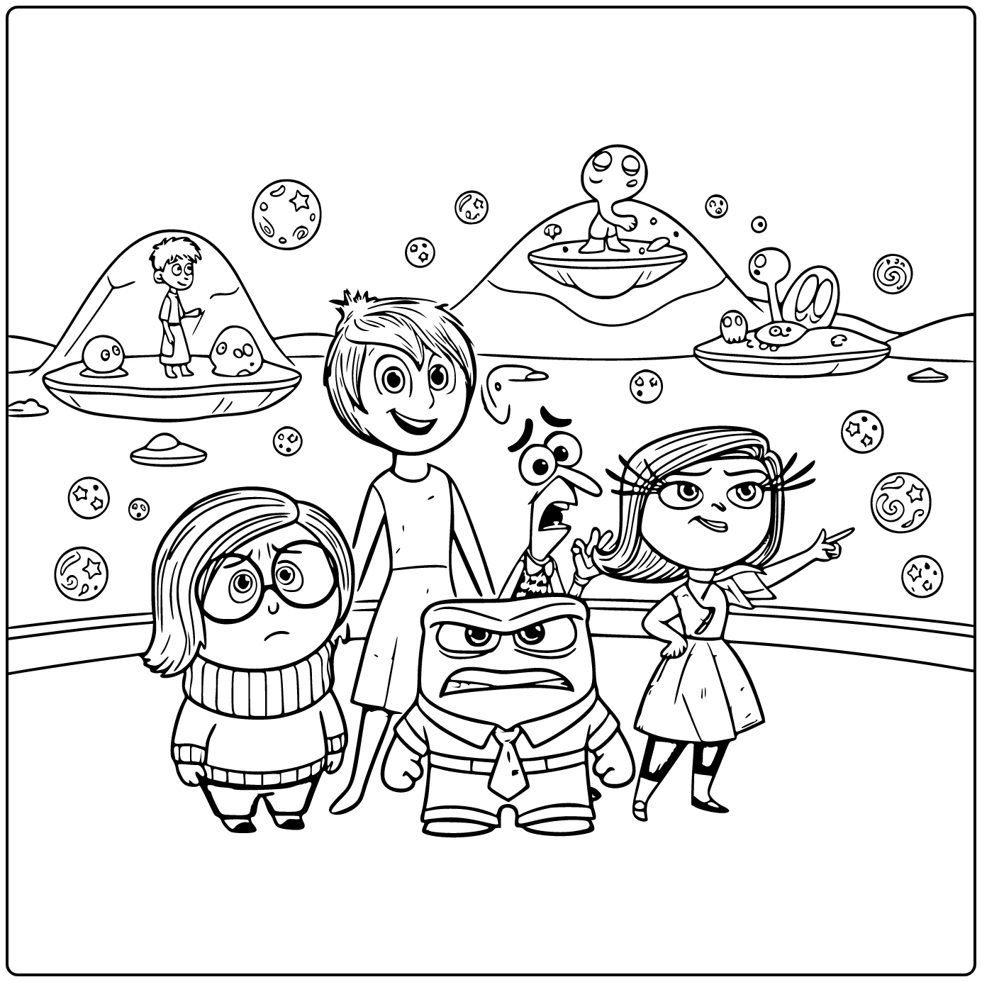 Inside Out kleurplaat met Joy Anger Sadness en Fear samen