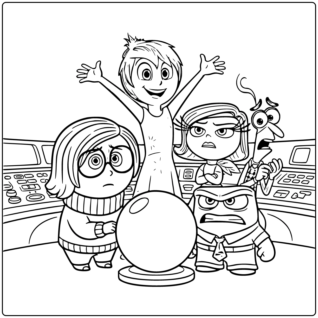 Inside Out kleurplaat met emoties rond grote memory bol