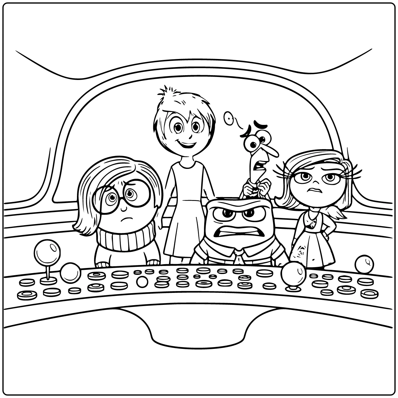 Inside Out kleurplaat toont Joy, Sadness, Anger, Fear en Disgust