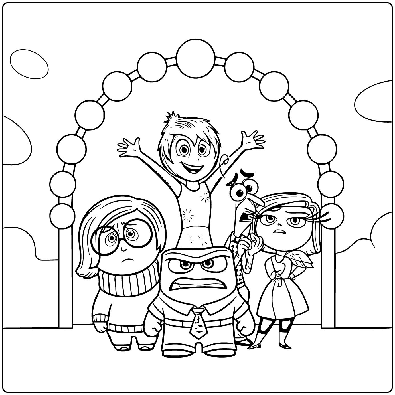 Inside Out kleurplaat met Joy, Sadness, Anger, Fear en Disgust