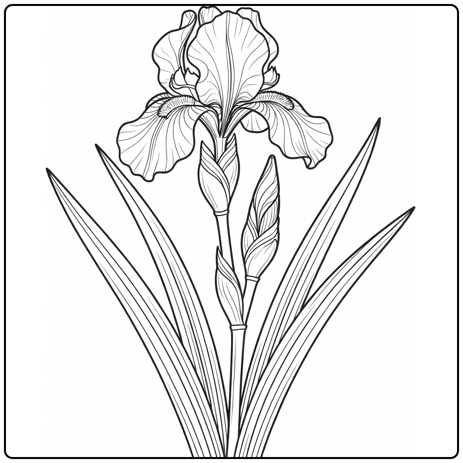 iris kleurplaat met bloeiende iris, knop en bladeren