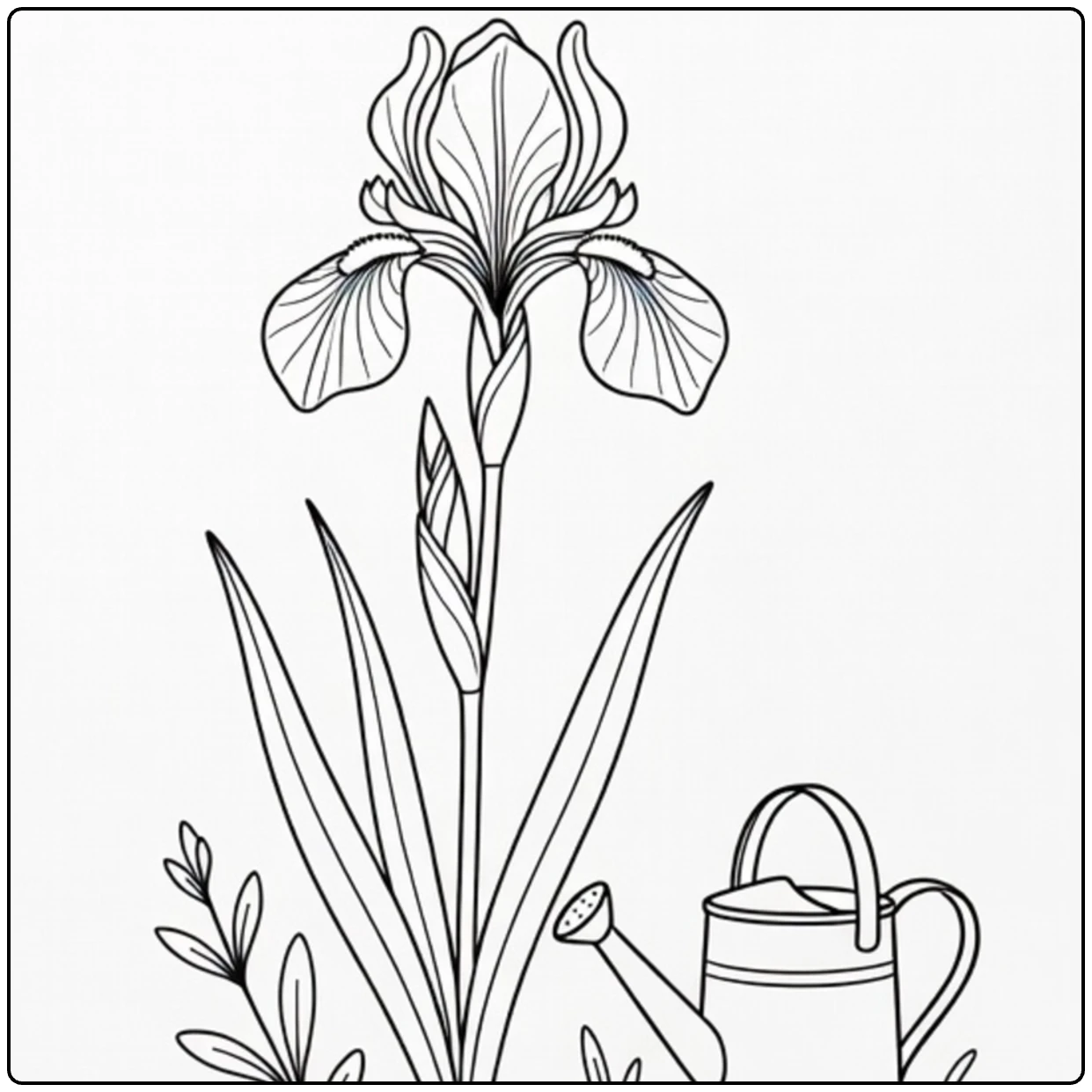 iris kleurplaat met hoge iris en gieter in lentetuin