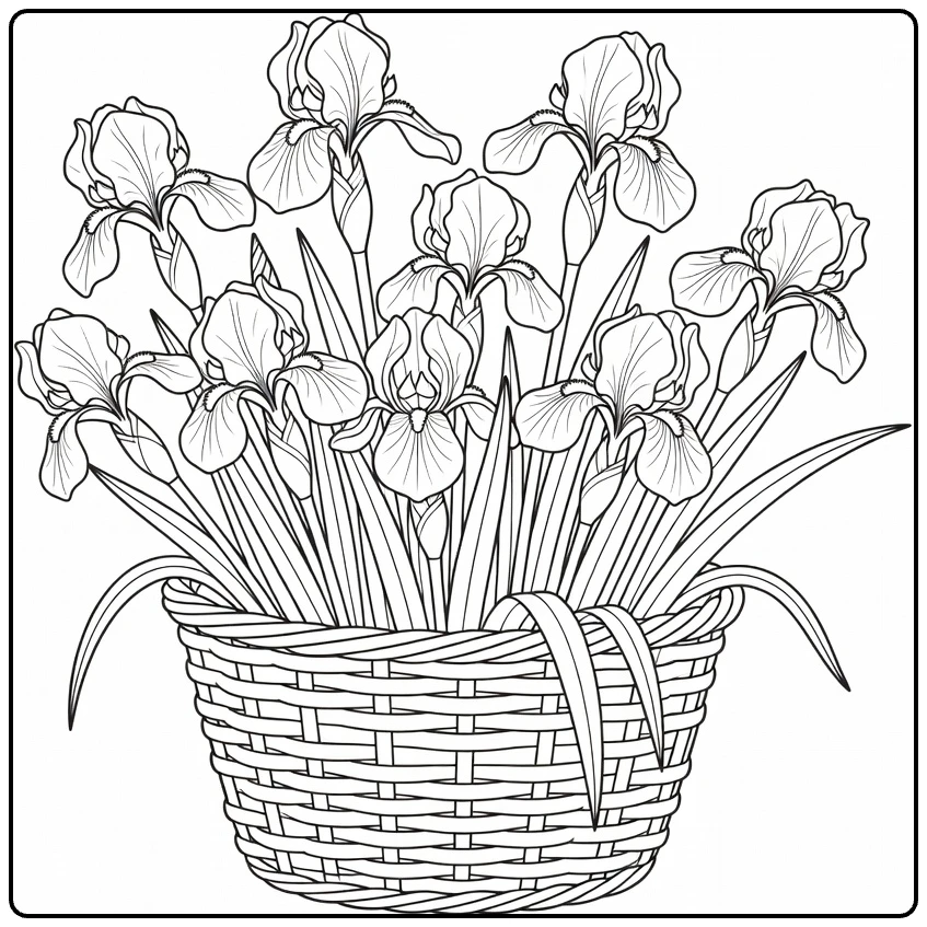iris kleurplaat van mand met iris bloemen