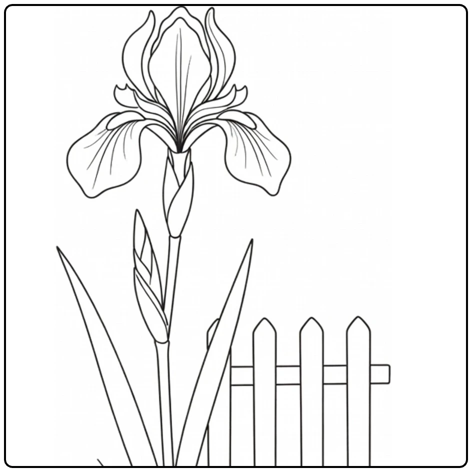 iris kleurplaat van iris bloem naast tuinhek met gras