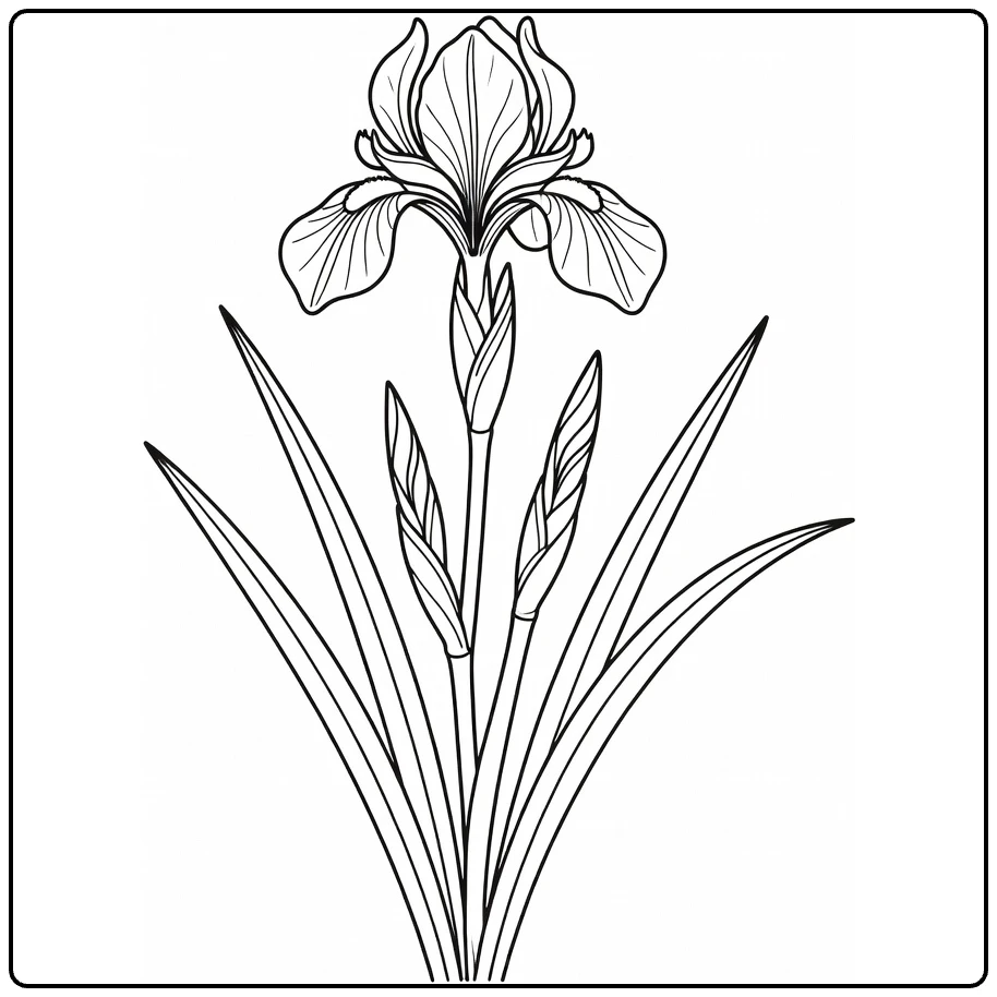 iris kleurplaat elegante irisbloem met bladeren en knoppen