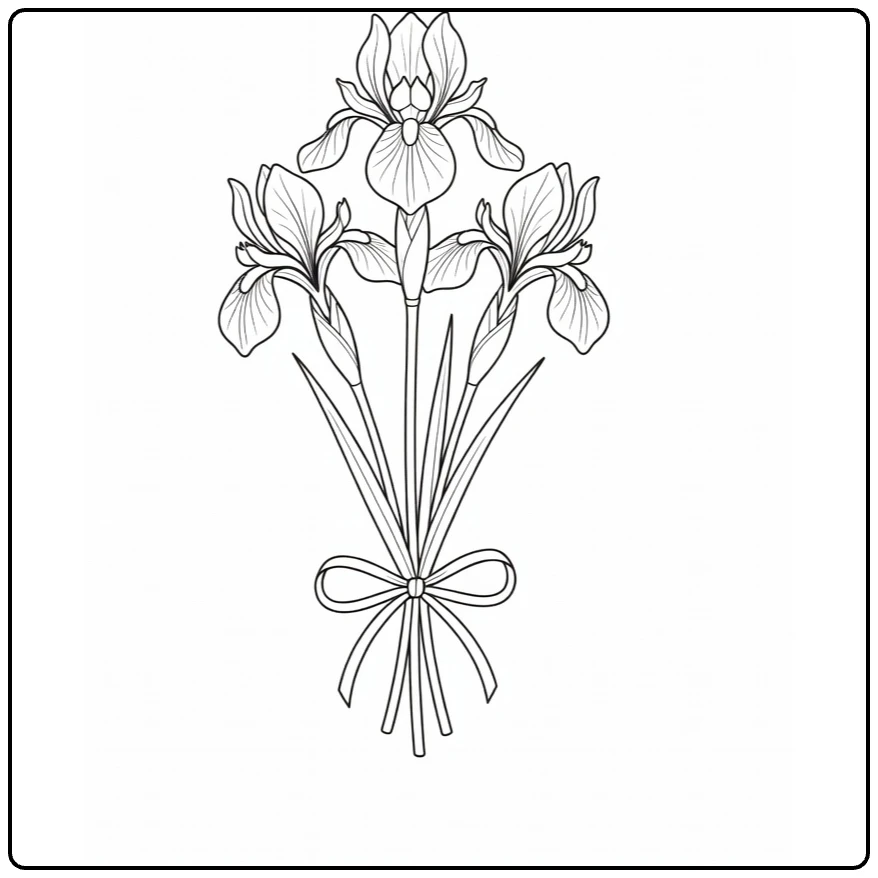 iris kleurplaat met drie iris bloemen en lint