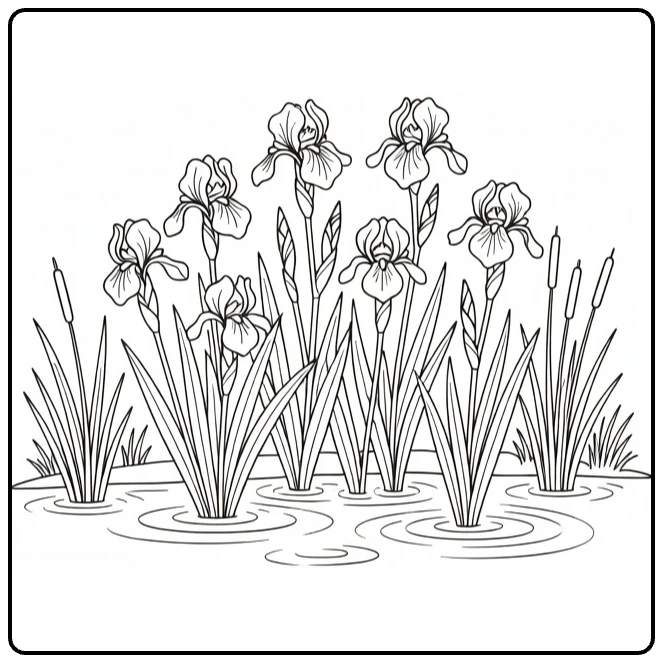 Iris kleurplaat met irissen aan de vijver met riet