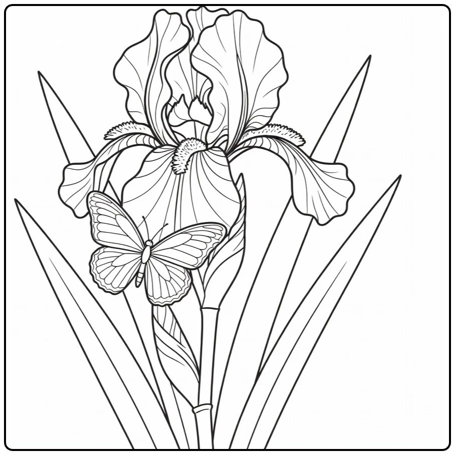 iris kleurplaat met vlinder op bloeiende iris