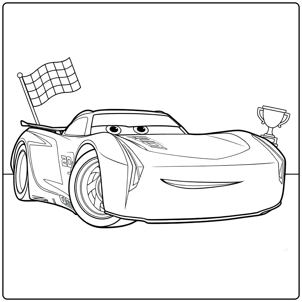 Jackson Storm Kleurplaat raceauto met vlag trofee