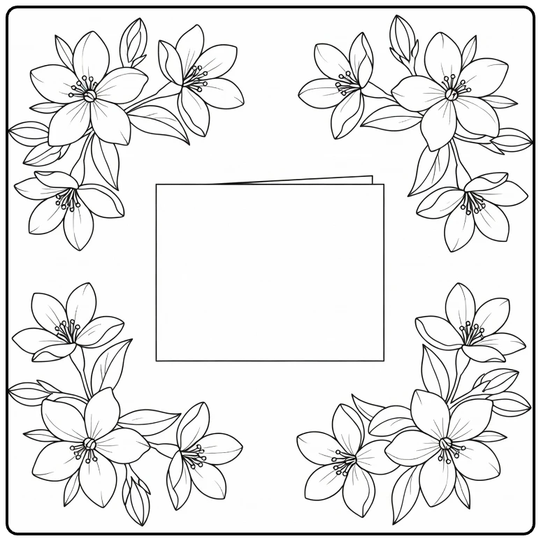 jasmijn kleurplaat met jasmijn bloesems rond een wenskaart