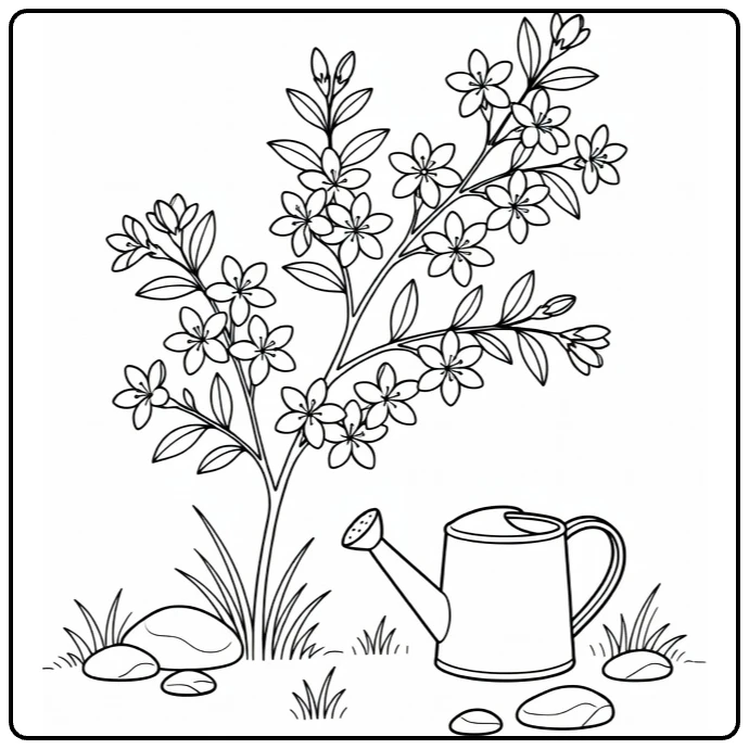 jasmijn kleurplaat met jasmijntak en gieter in tuin