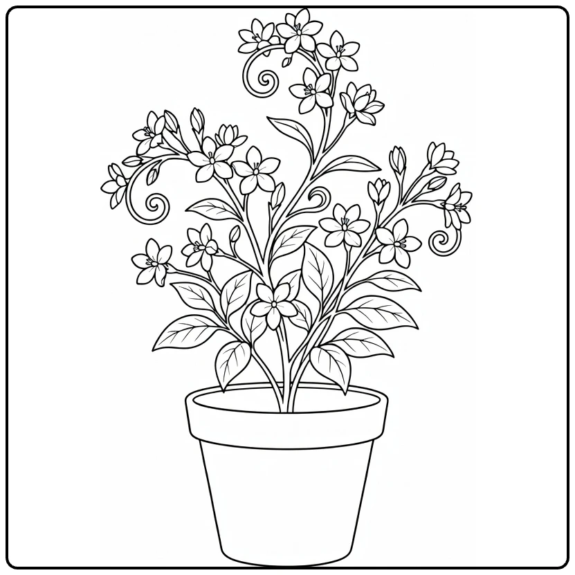 Jasmijn kleurplaat met plant in ronde bloempot