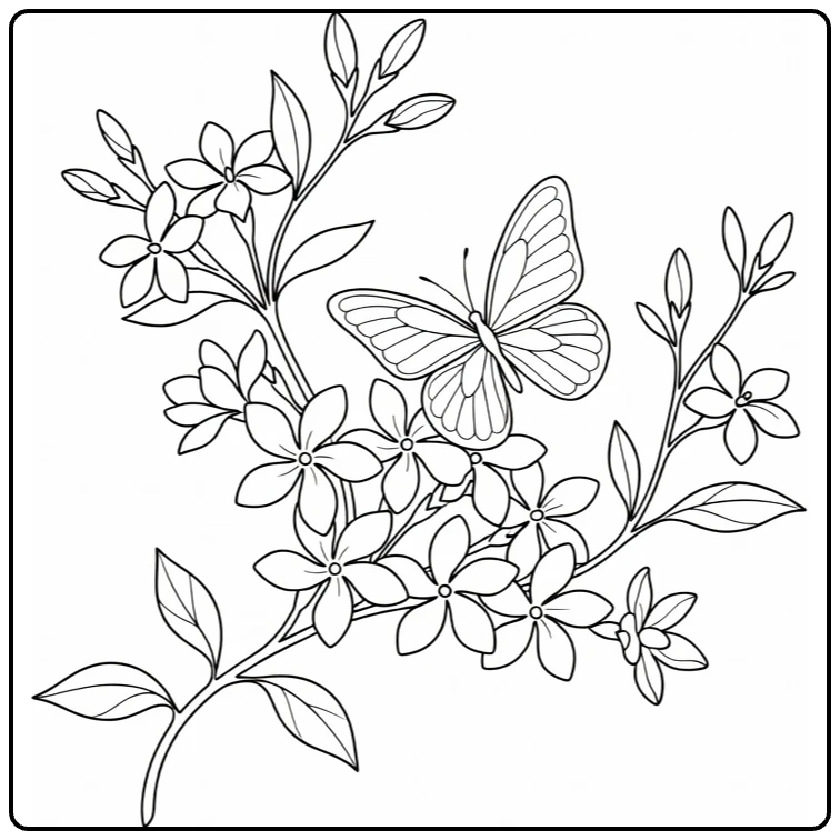jasmijn kleurplaat met vlinder op jasmijn bloemen