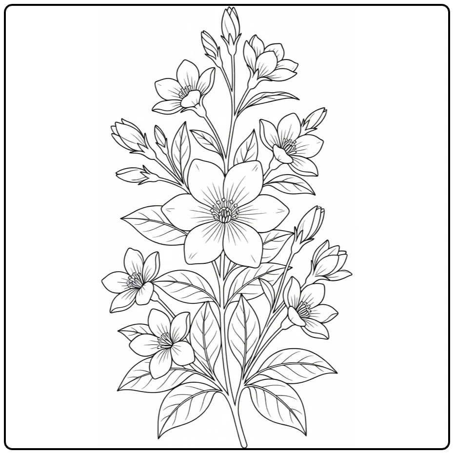 jasmijn kleurplaat met grote bloem knoppen en bladeren