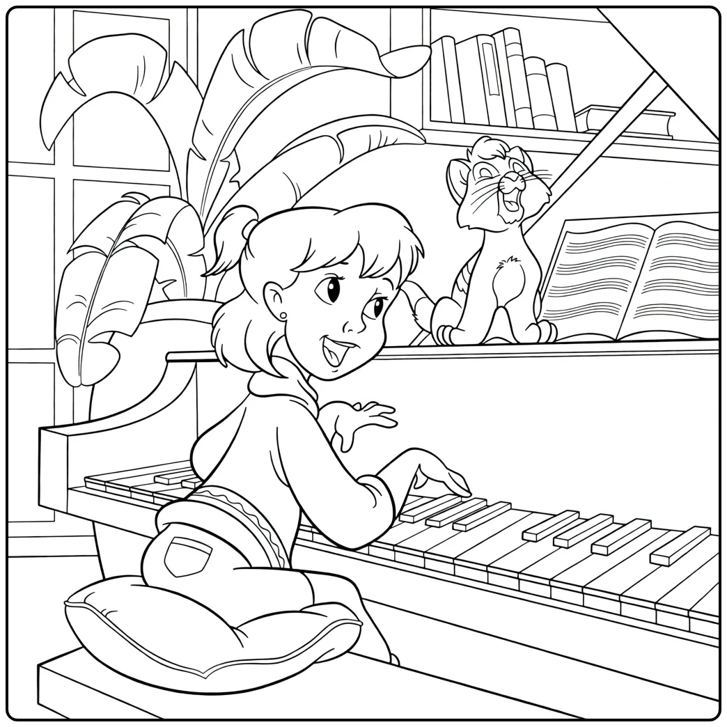 Jenny Foxworth Kleurplaat meisje speelt piano met kat