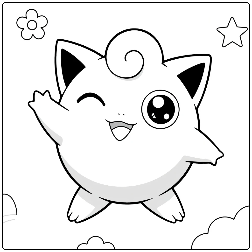 Jigglypuff kleurplaat: knipogende zwaaiende Jigglypuff met bloemen
