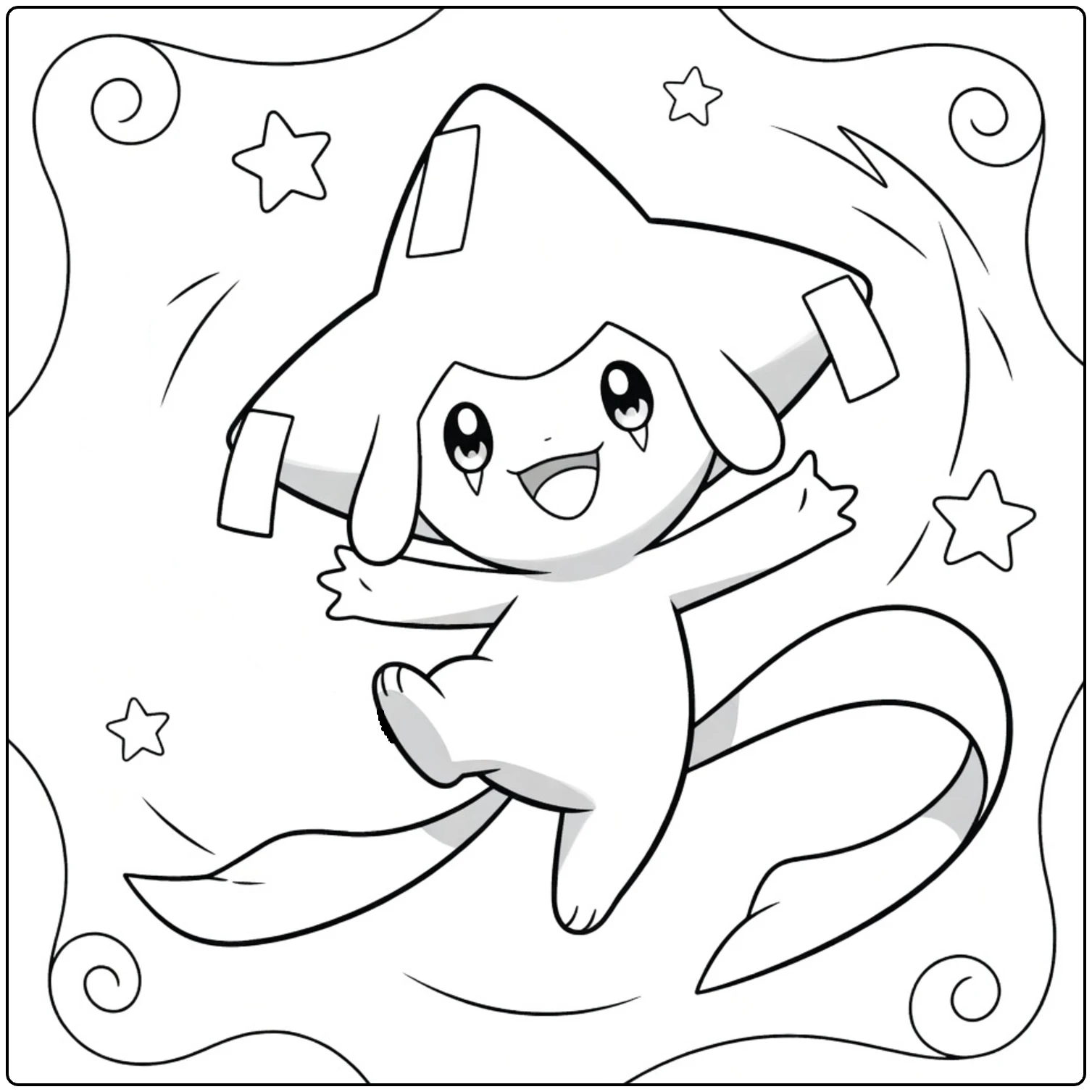 Jirachi Kleurplaat: schattige vliegende Pokémon met sterren
