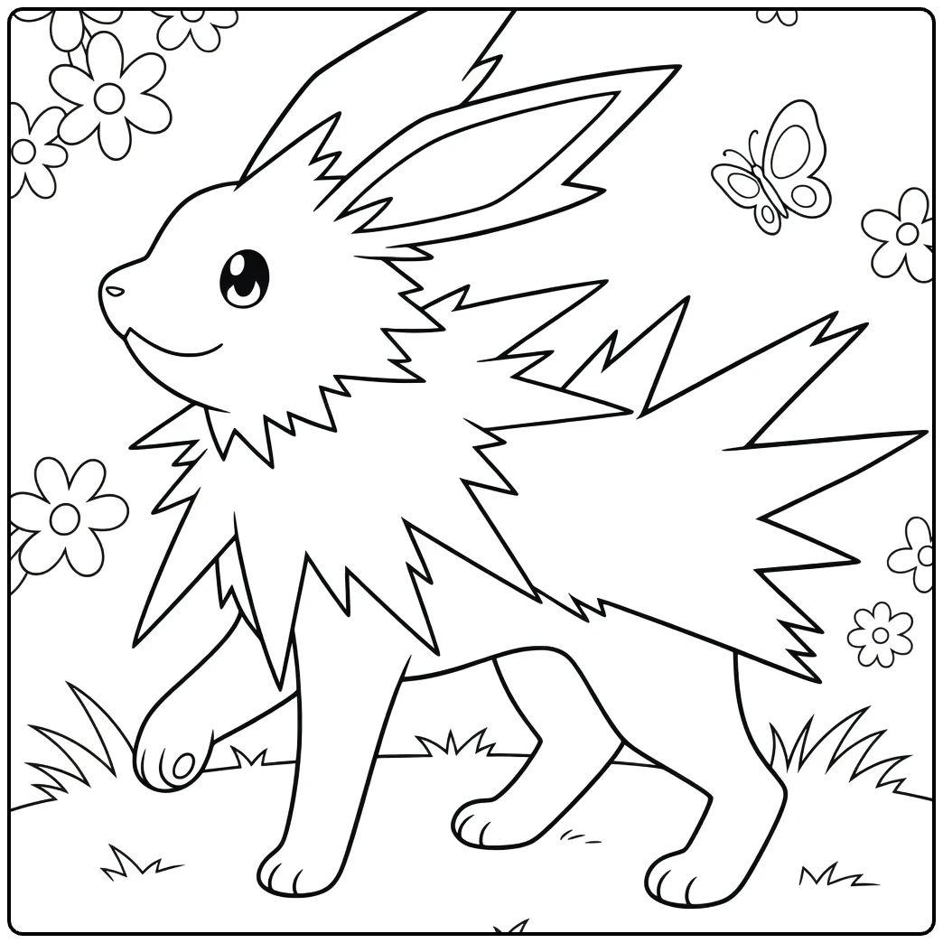 Jolteon Kleurplaat met bloemen, vlinders en gras