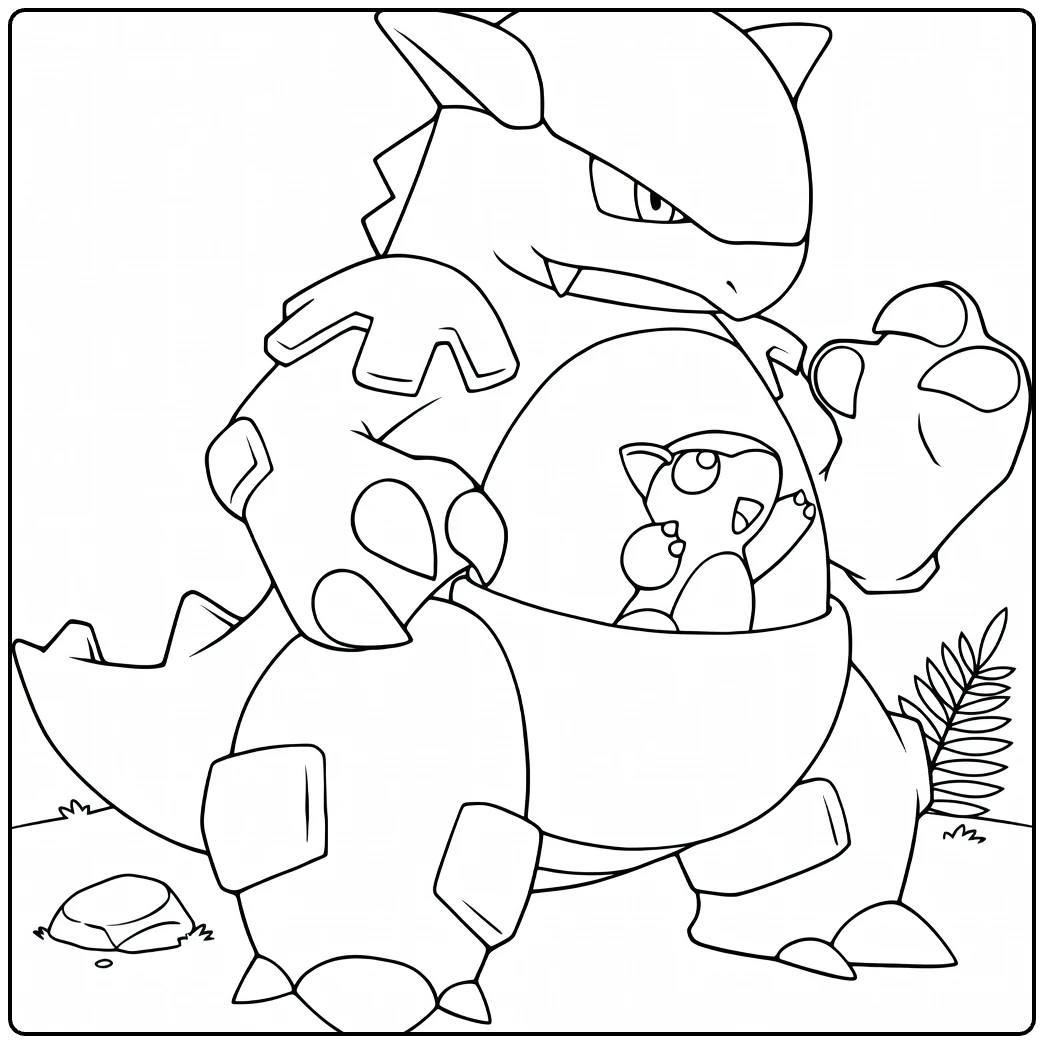 Kangaskhan kleurplaat met baby in buidel Pokémon