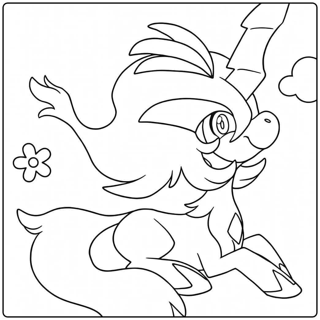 Keldeo Kleurplaat: springende eenhoorn Pokémon met bloemen