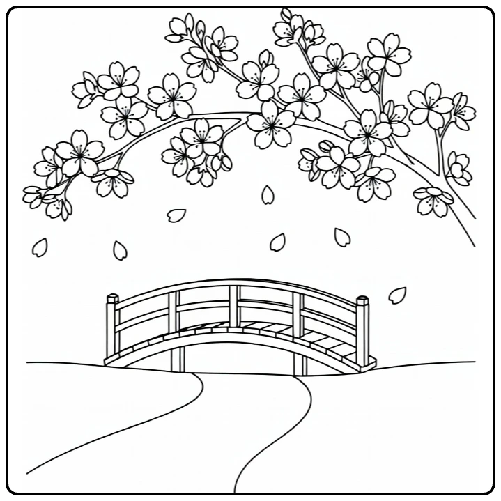Kersenbloesem kleurplaat met houten brug onder bloeiende tak