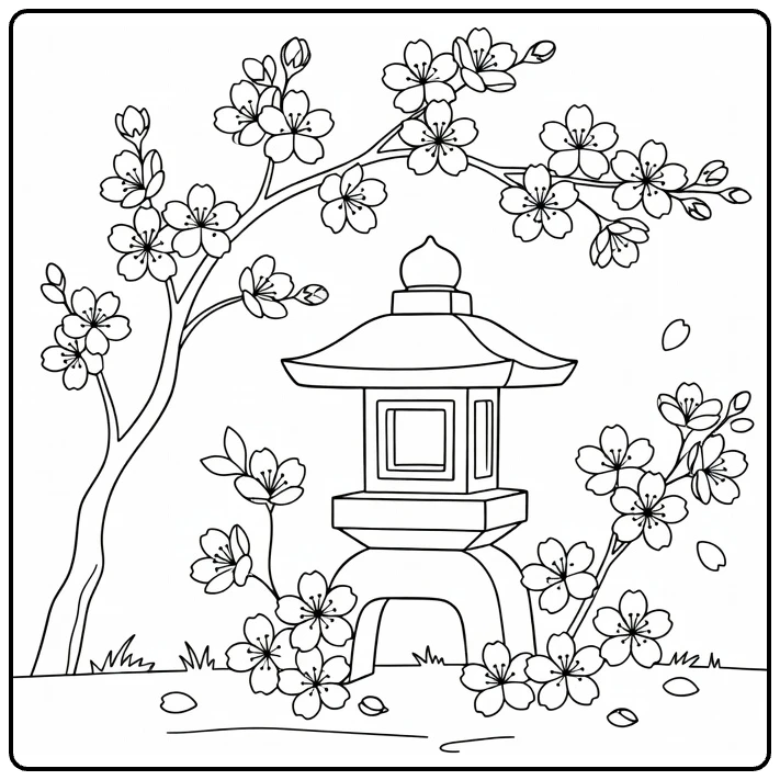 Kersenbloesem kleurplaat met lantaarn en sakura bloemen