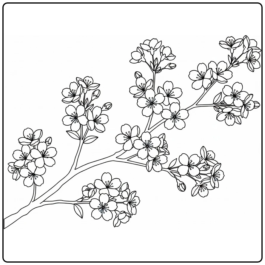 Kersenbloesem kleurplaat met sakura tak en vijfpetalige bloemen