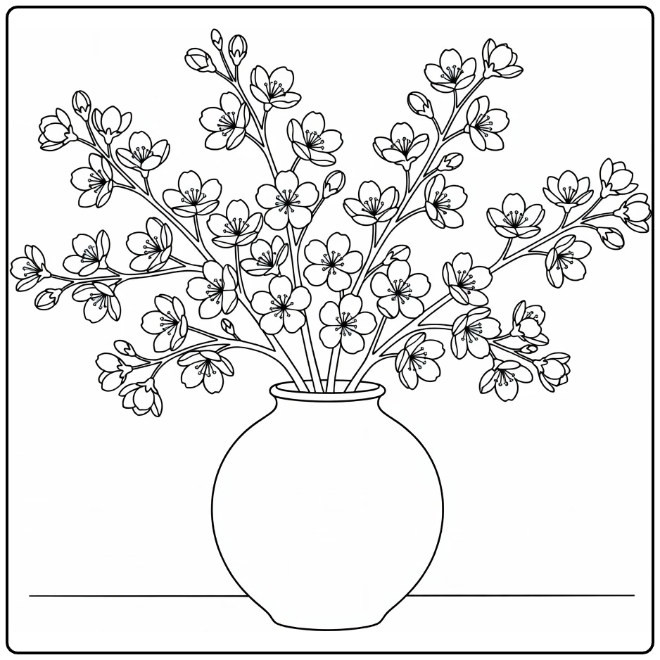 Kersenbloesem kleurplaat met ronde vaas en sakura takken