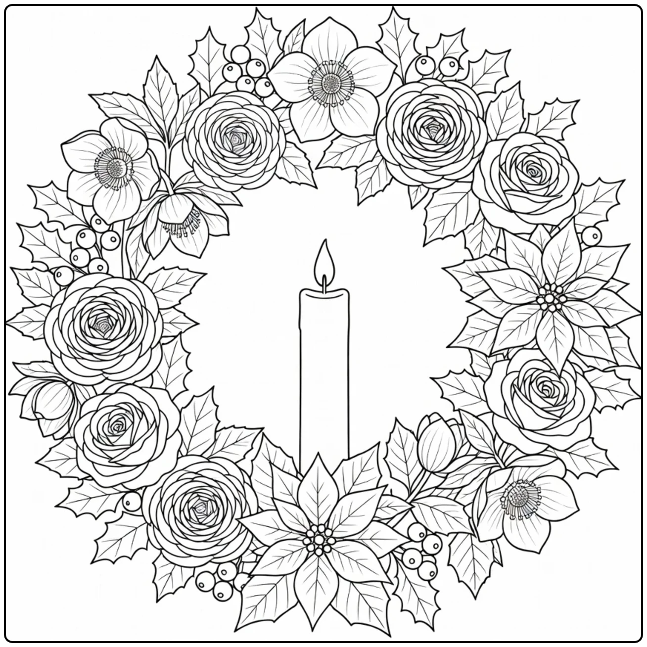 Kerstkrans kleurplaat met kaars en bloemen