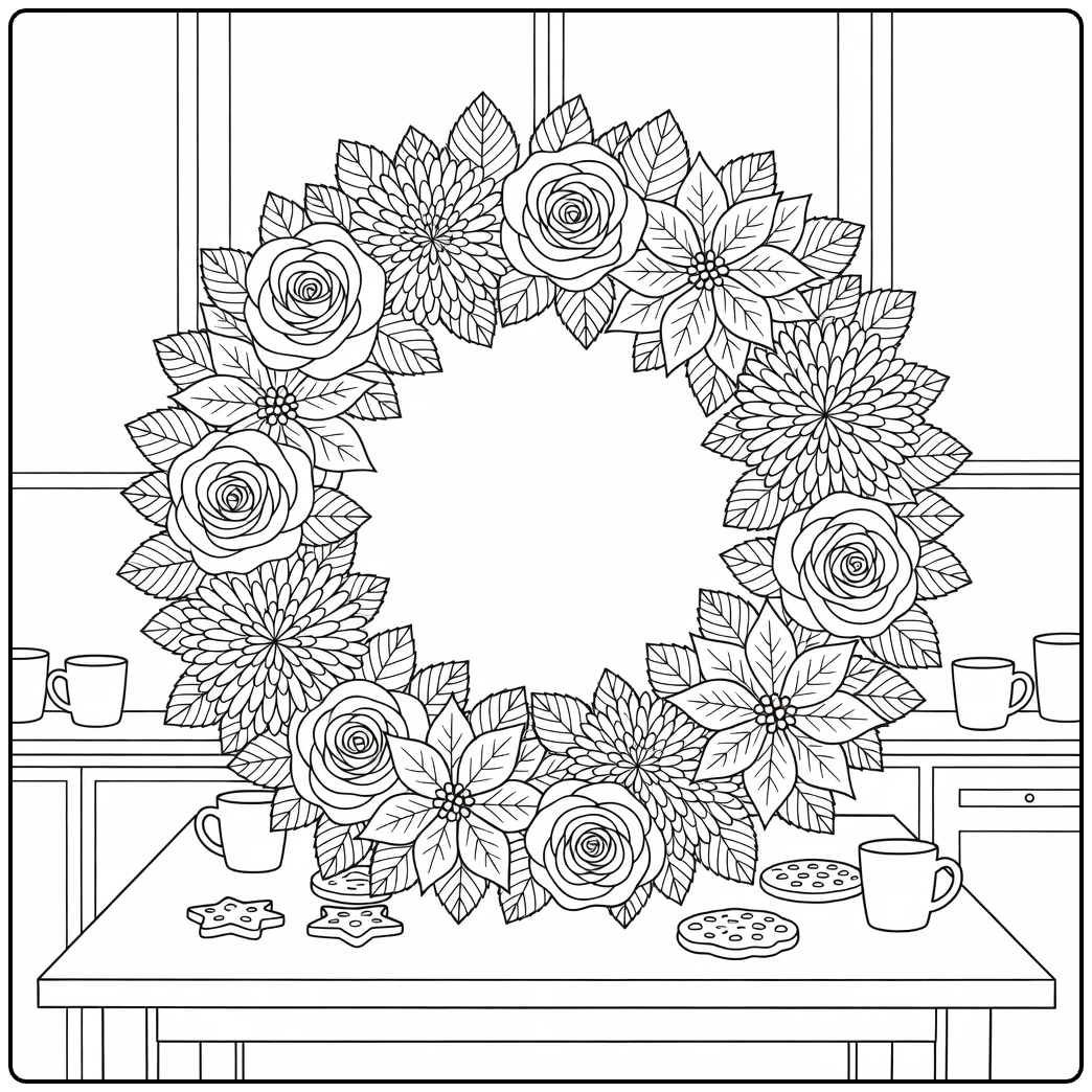 Kerstkrans kleurplaat met rozen en poinsettia's in de keuken