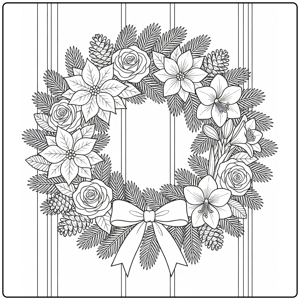 kerstkrans kleurplaat met bloemen en strik aan deur