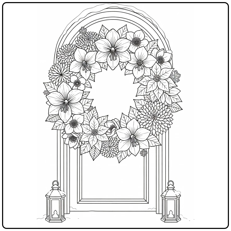 kerstkrans kleurplaat met bloemen aan boogdeur