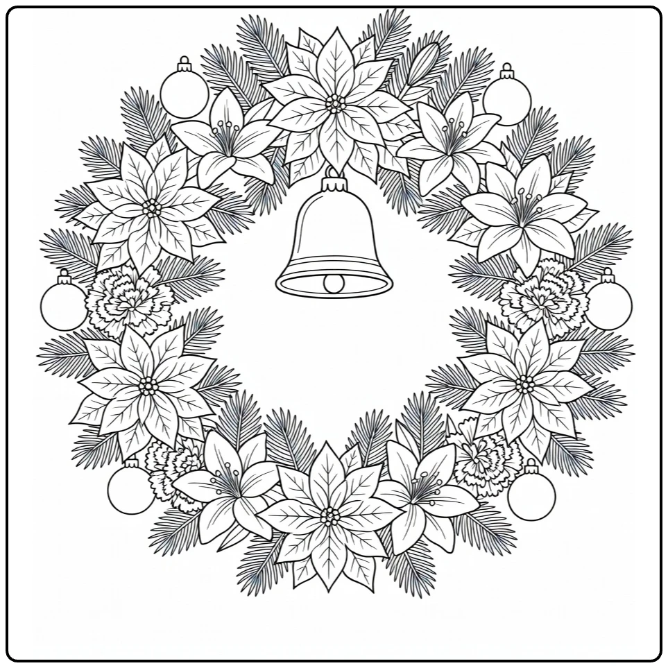 Kerstkrans kleurplaat met bel en poinsettia's