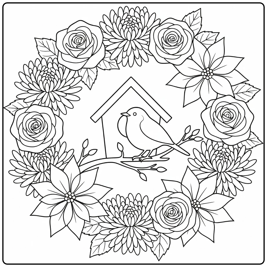 kerstkrans kleurplaat met vogelhuisje en bloemen