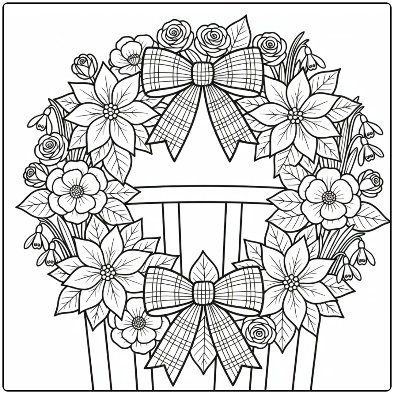 kerstkrans kleurplaat met bloemen op houten stoel