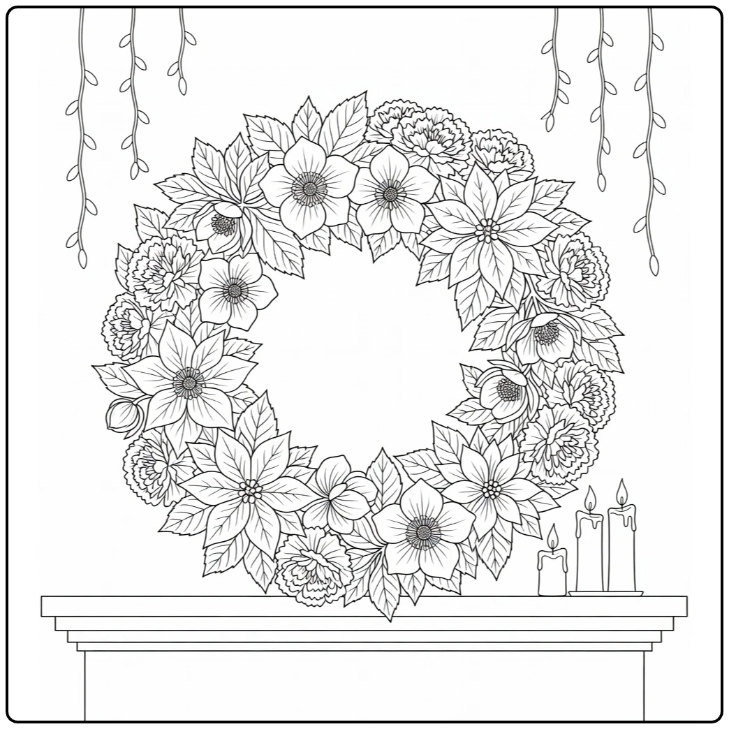 Kerstkrans kleurplaat met bloemen en kaarsen op mantel