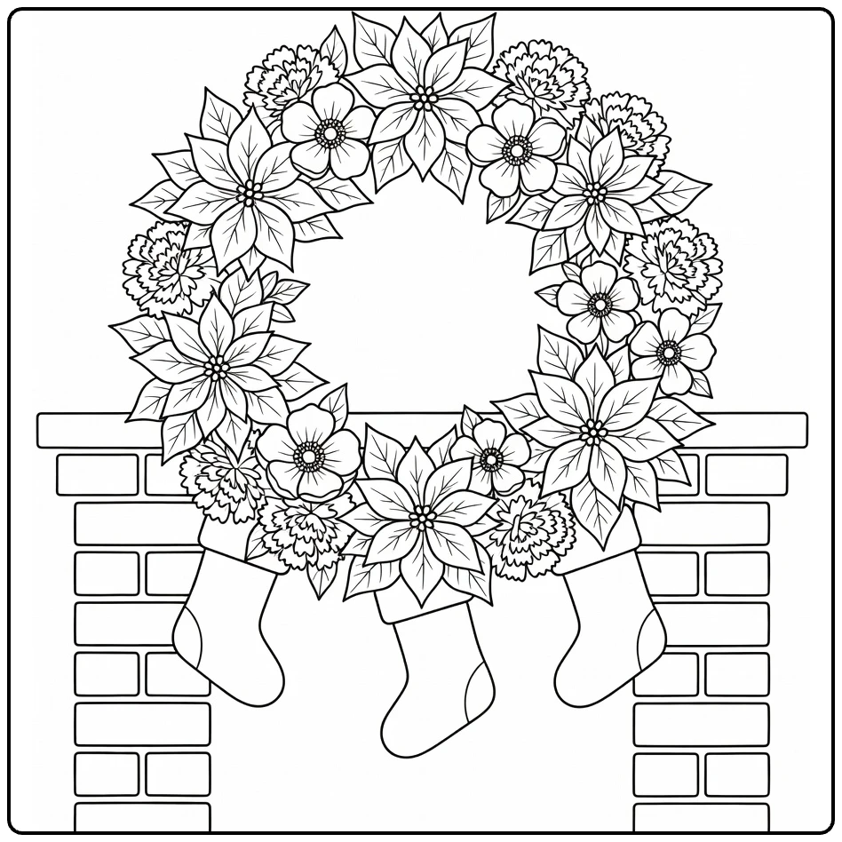 kerstkrans kleurplaat met bloemen aan bakstenen haard