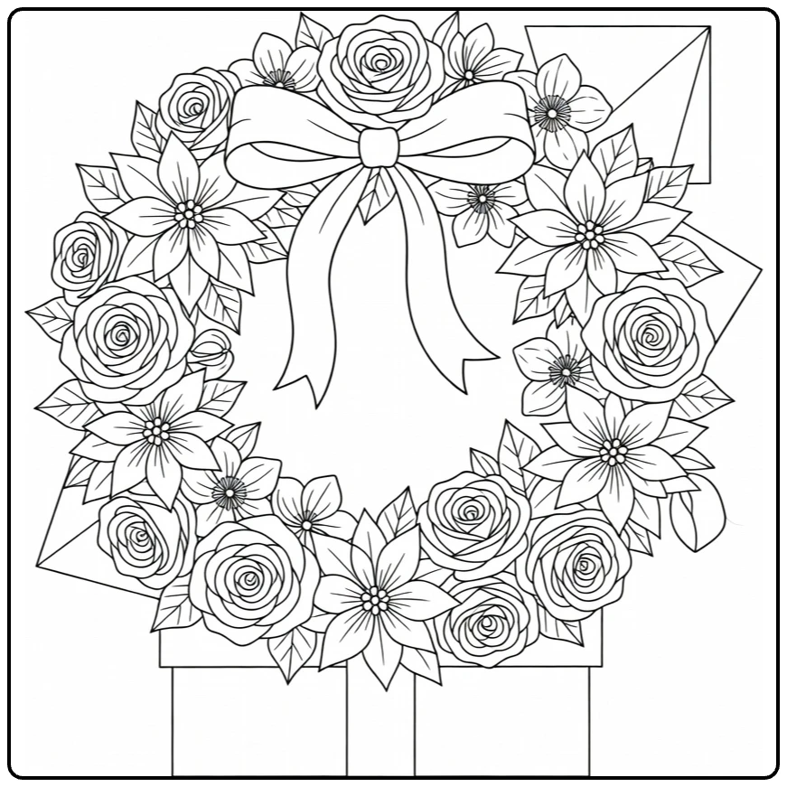Kerstkrans kleurplaat met bloemen op cadeau en lint