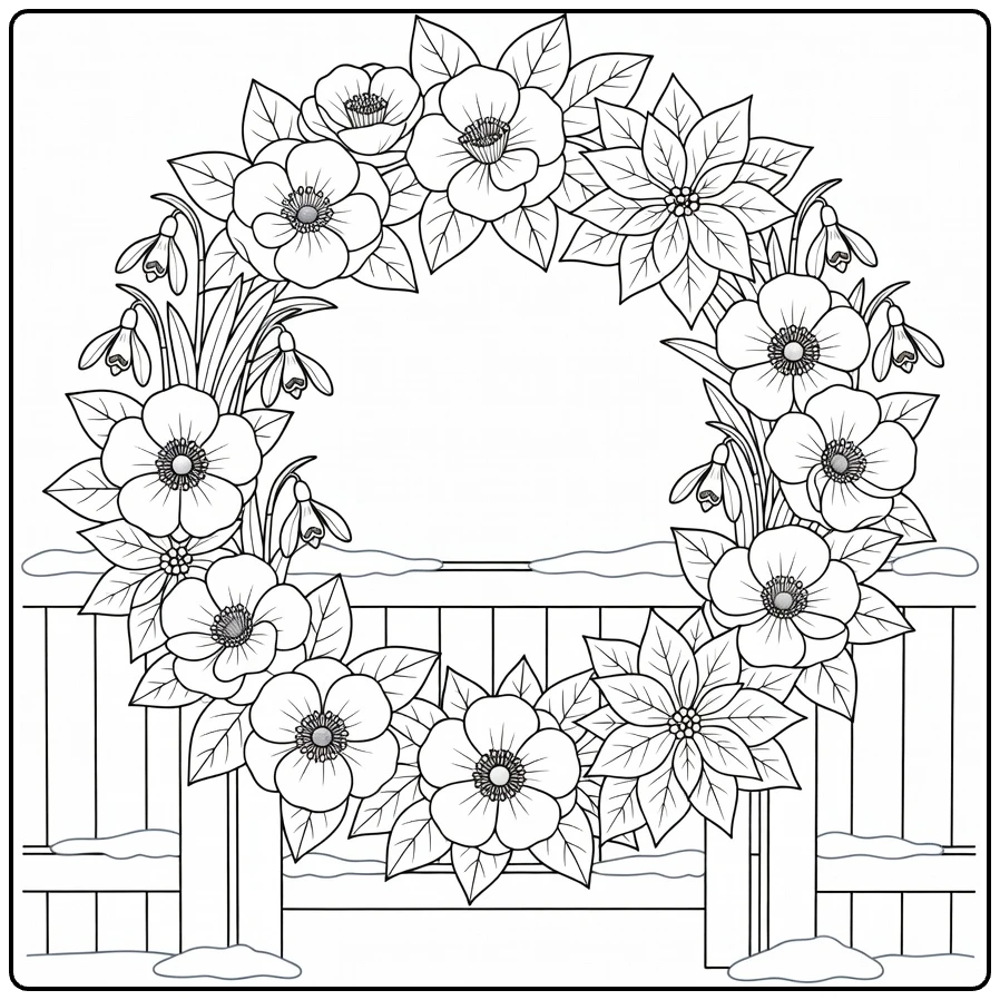 kerstkrans kleurplaat met bloemen op tuinpoort