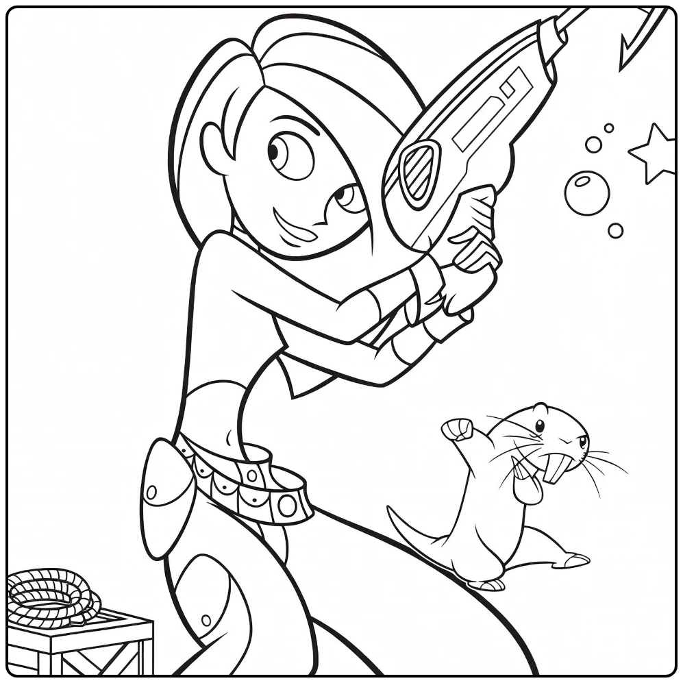 Kim Possible Kleurplaat met Kim en Rufus in actie