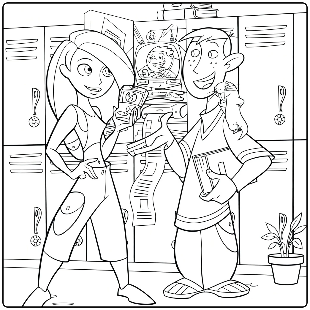 Kim Possible Kleurplaat met Kim en Ron bij kluisjes