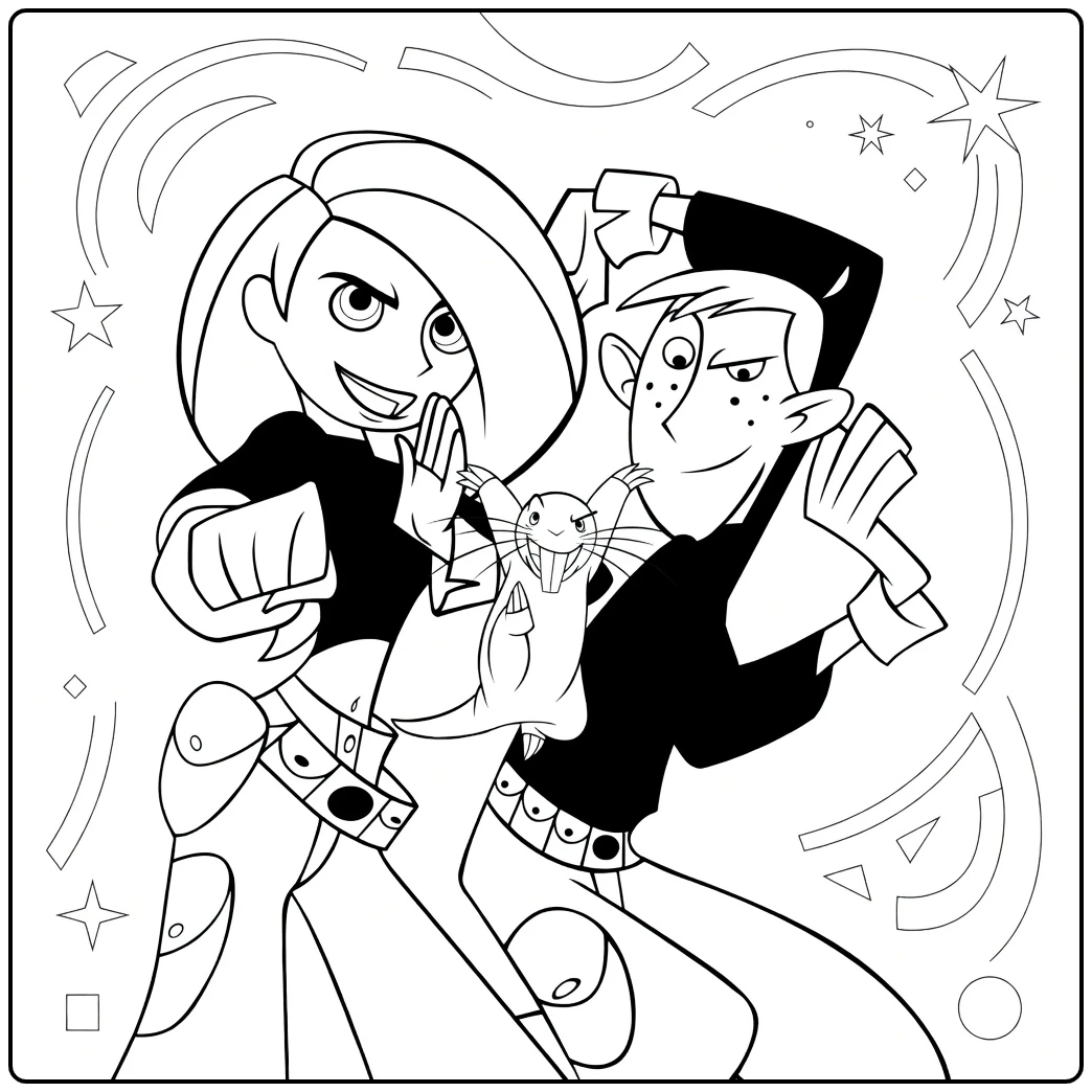 Kim Possible Kleurplaat met Kim Ron en Rufus