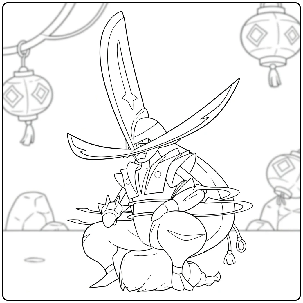 Kingambit kleurplaat: samurai Pokémon met zwaarden en lantaarns