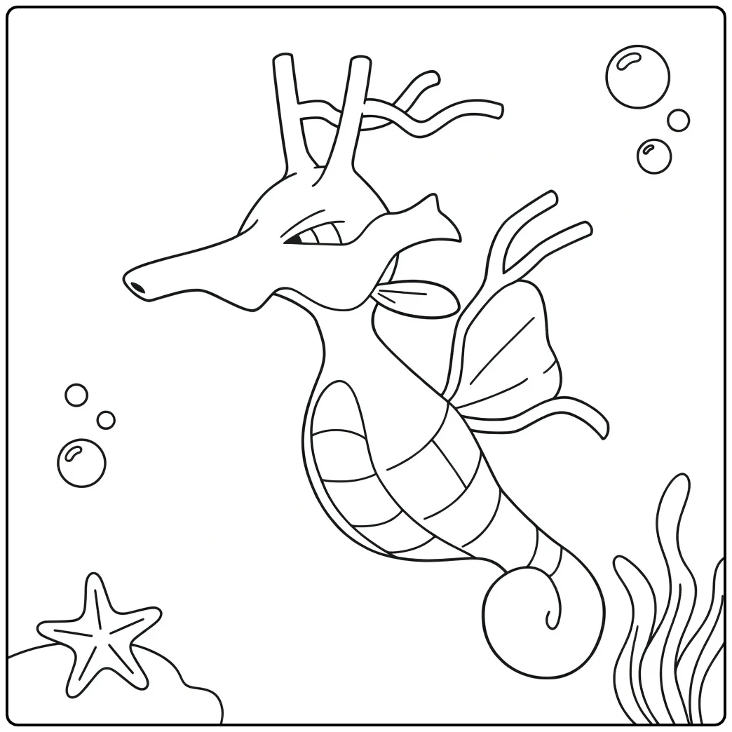 Kingdra Kleurplaat met bubbels en zeewier