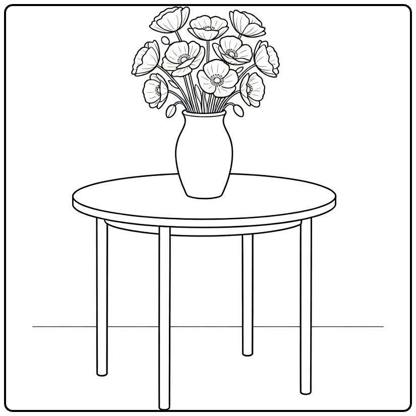 Klaproos kleurplaat met vaas bloemen op ronde tafel