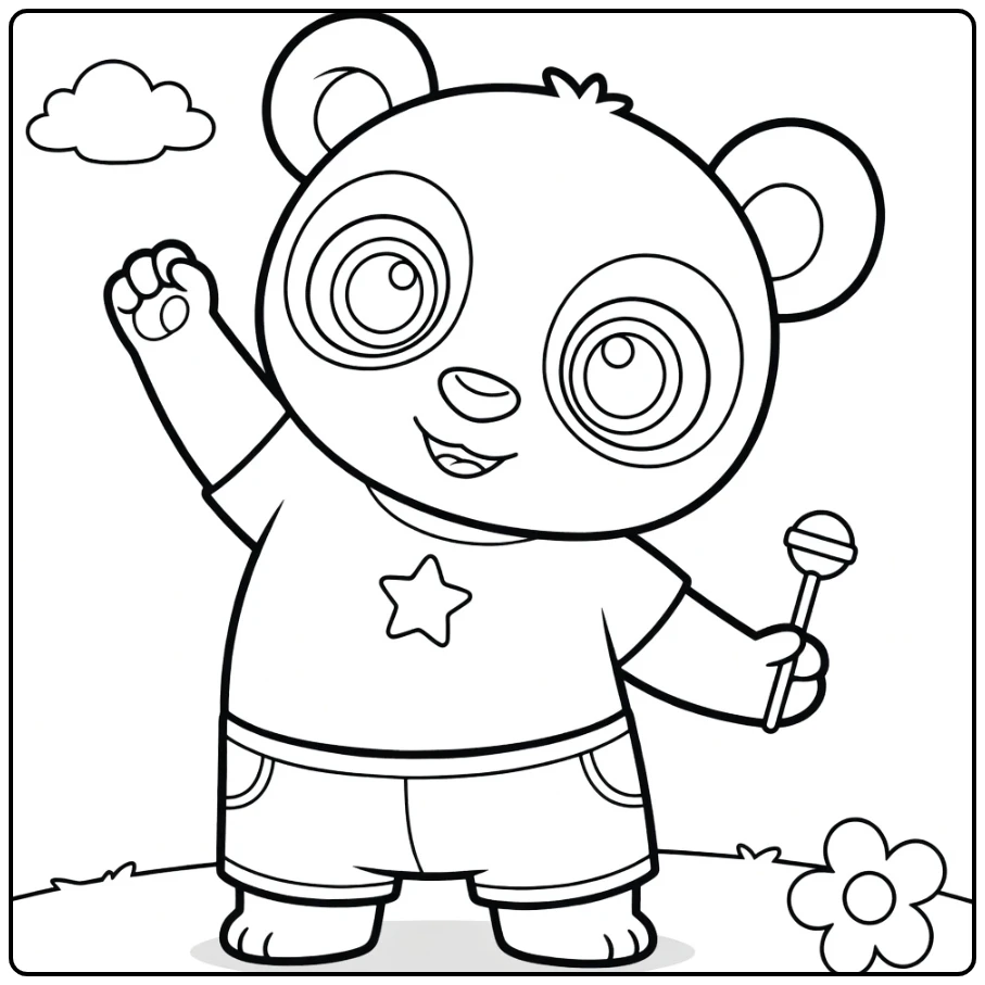 kleurplaat bing panda met ster en maraca zwaaiend