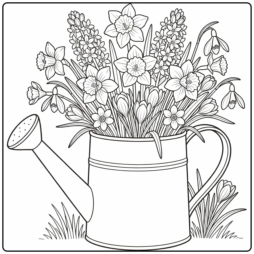 Kleurplaat bloemen met gieter vol narcissen