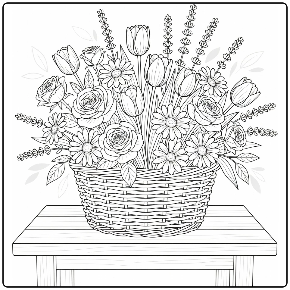 kleurplaat bloemen in rustieke mand met rozen en tulpen