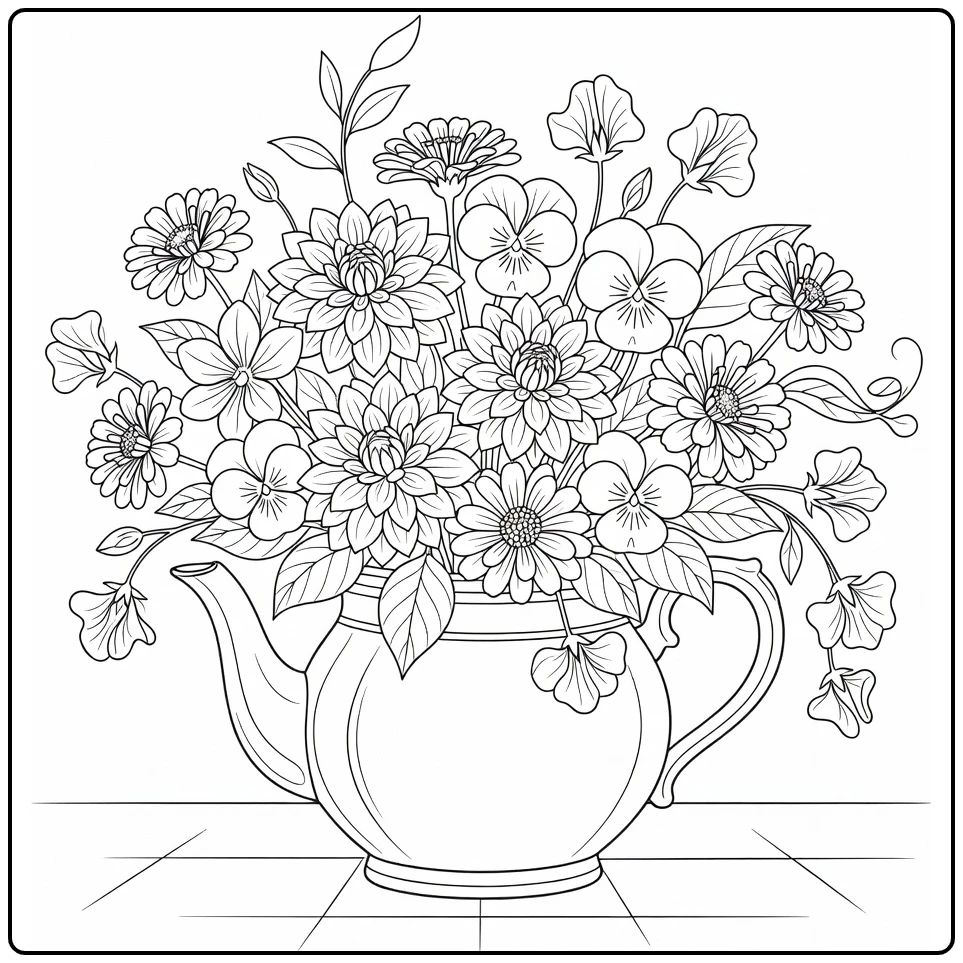 kleurplaat bloemen met theepot vol dahlia's en viooltjes